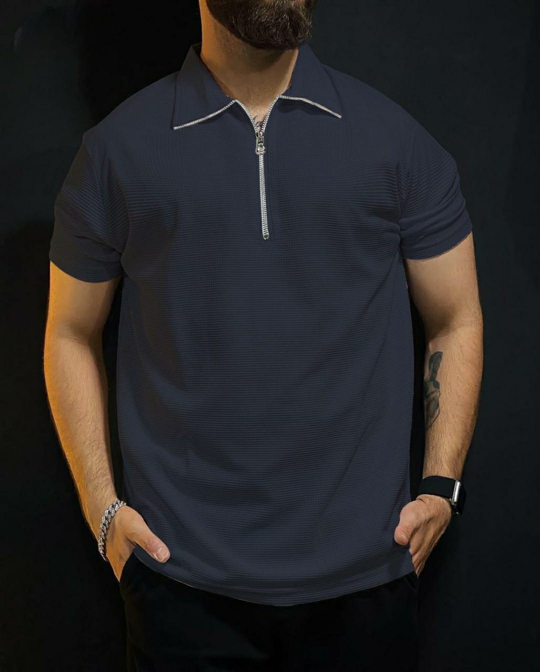 Men’s Ottoman Fabric Polo Shirt with Zipper Collar