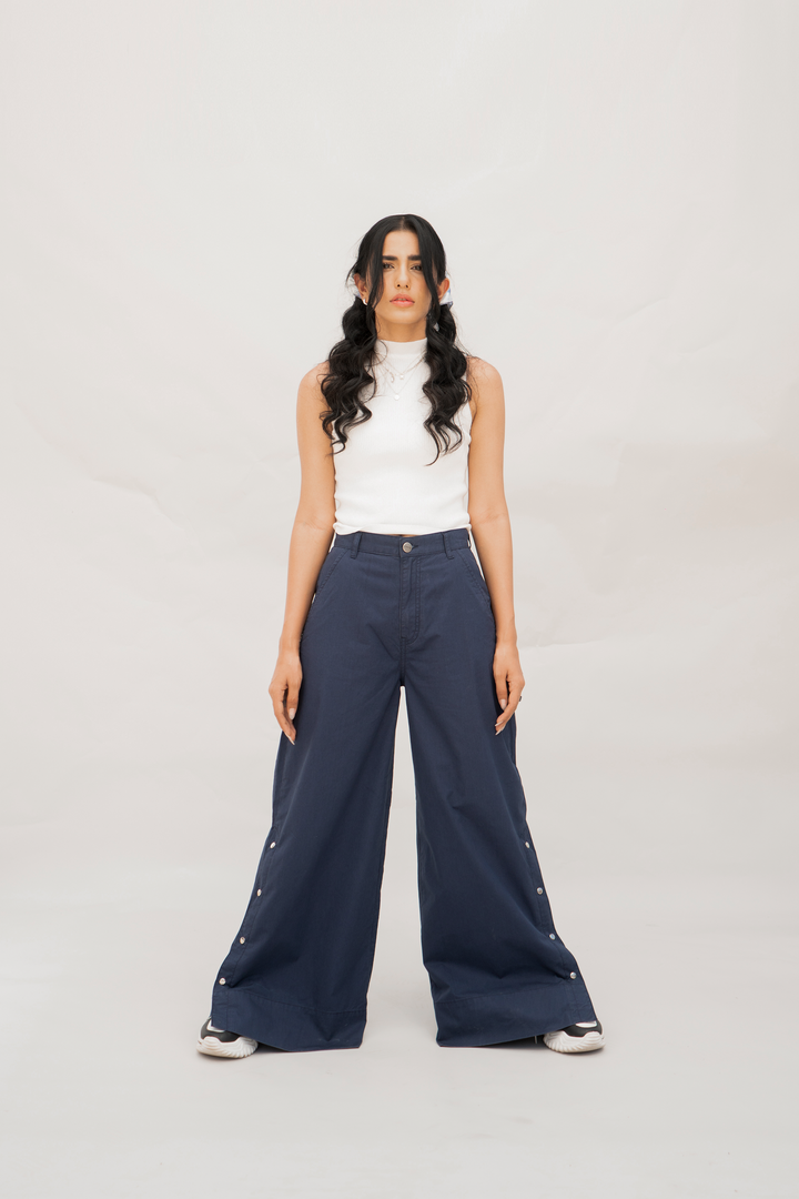 Side Snap Wide Leg Blue